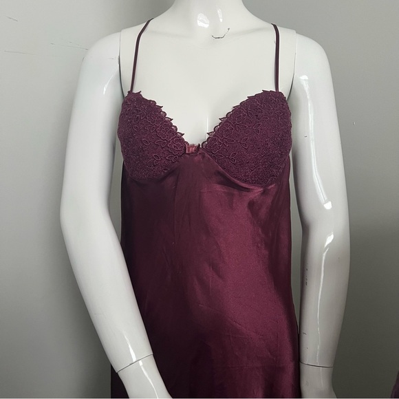 Vintage Burgundy Satin Lace Trim Maxi Slip Dress • Romantic Evening 44/ L - Picture 4 of 9